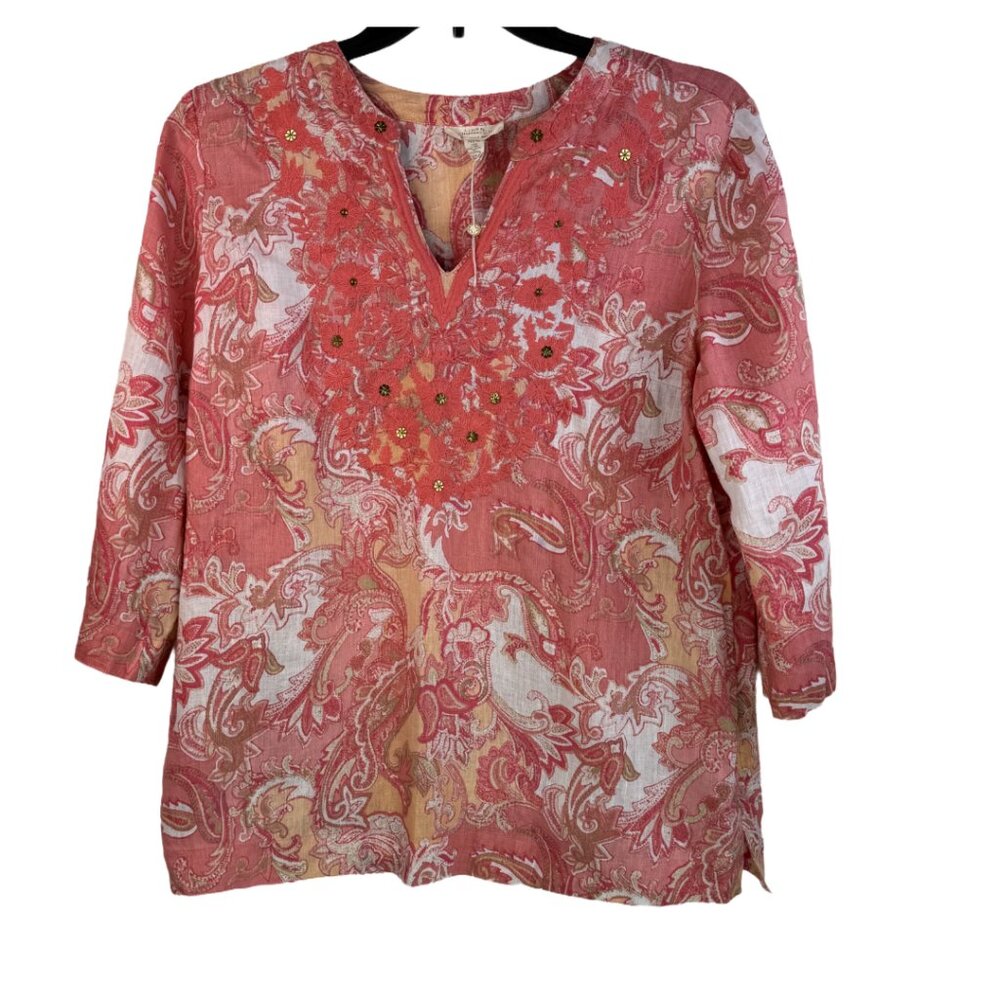 Charter Club Pink Linen Floral Petite Tunic Size: Pet/XL